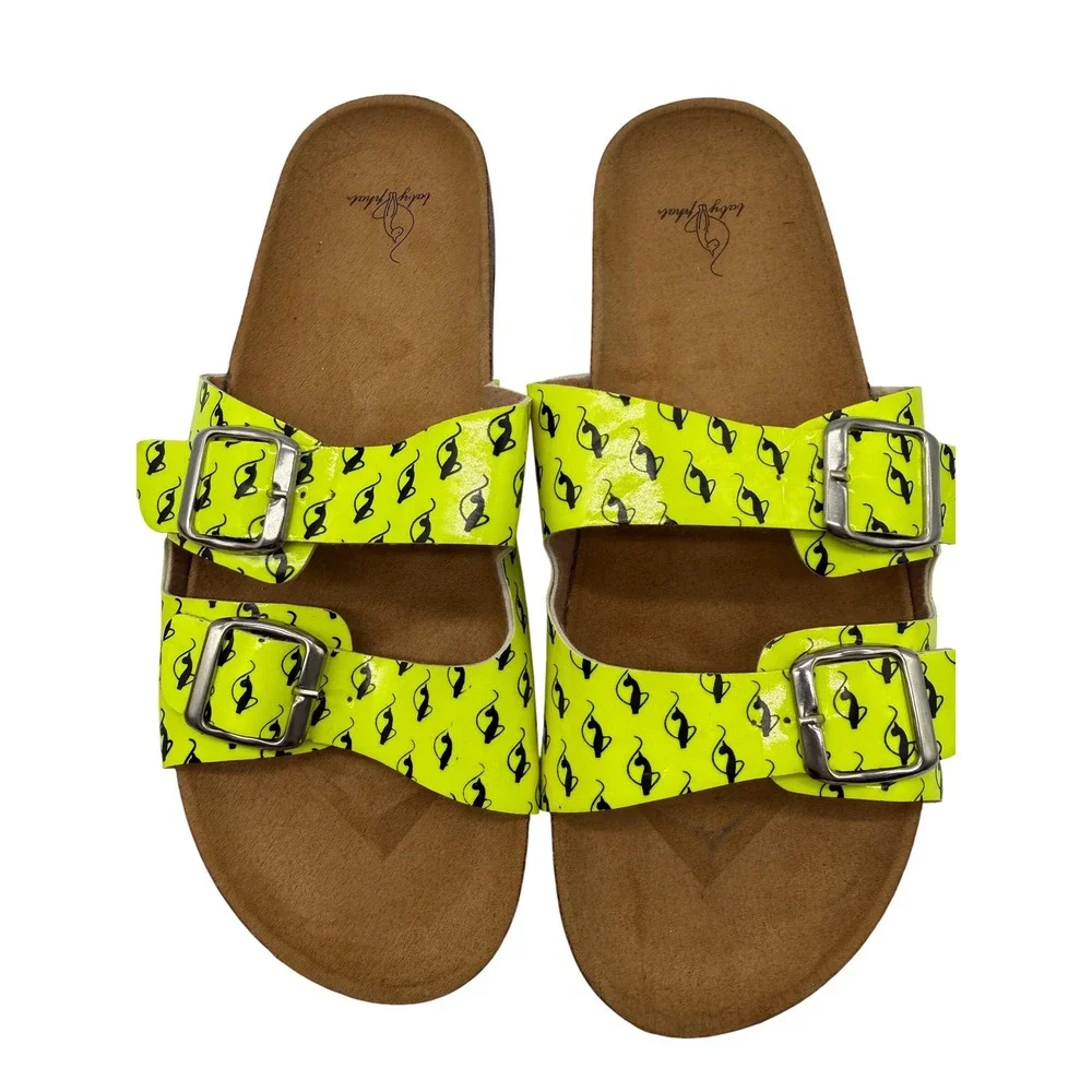Baby Phat Slide Sandals Womens 9 Neon Yellow Excellent Logo Print Buckle Straps